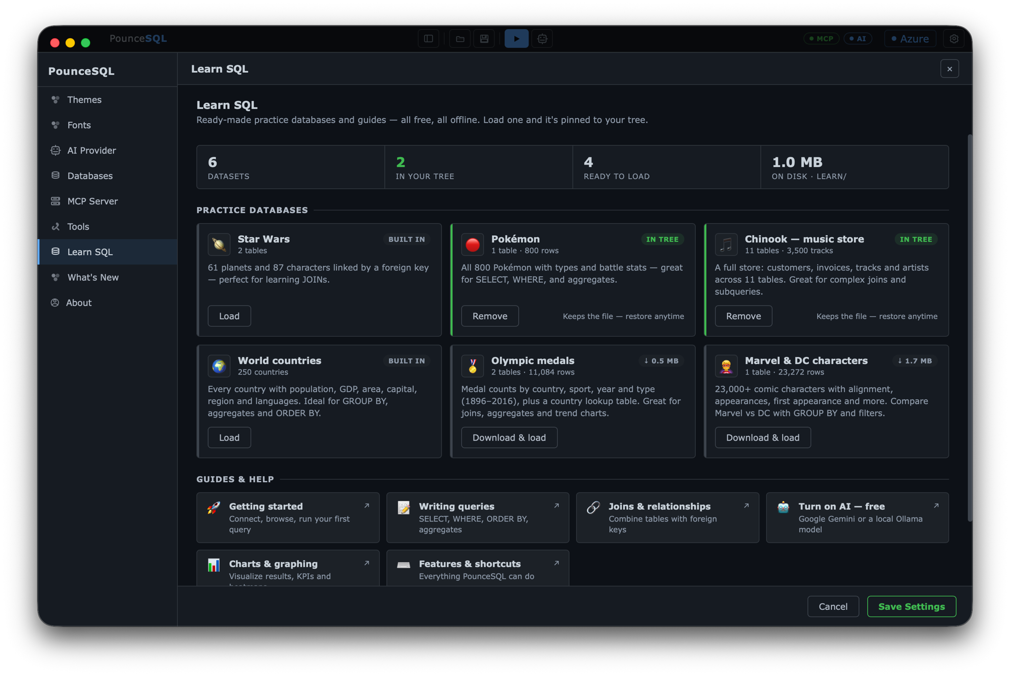 PounceSQL's Settings → Learn SQL dashboard: a summary of datasets, and cards for Star Wars, Pokémon, Music store, World countries, Olympic medals and Marvel & DC, each with a one-click Load, Remove or Download button.