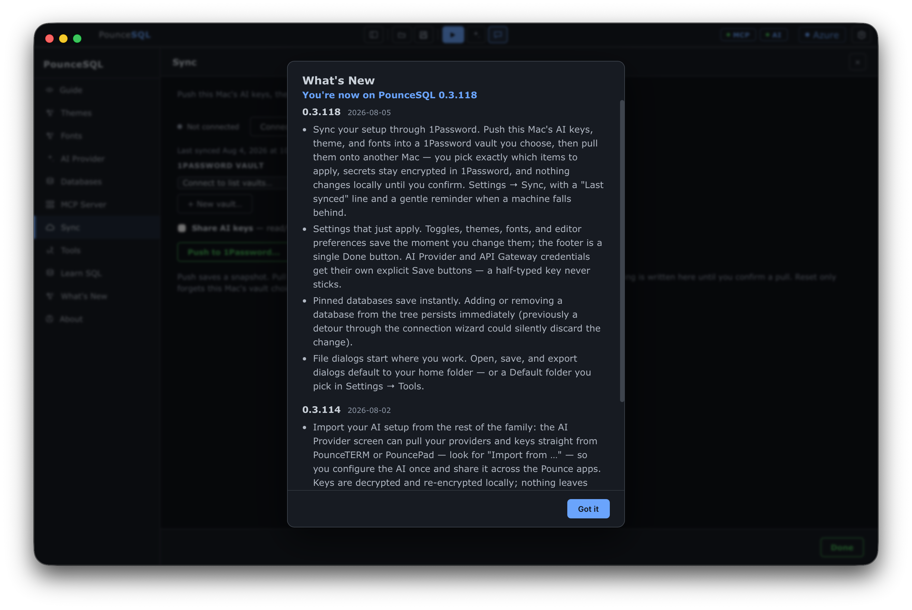 PounceSQL's Settings → Sync panel connected to a 1Password vault, with Push and Pull buttons and a 'Last synced' line
