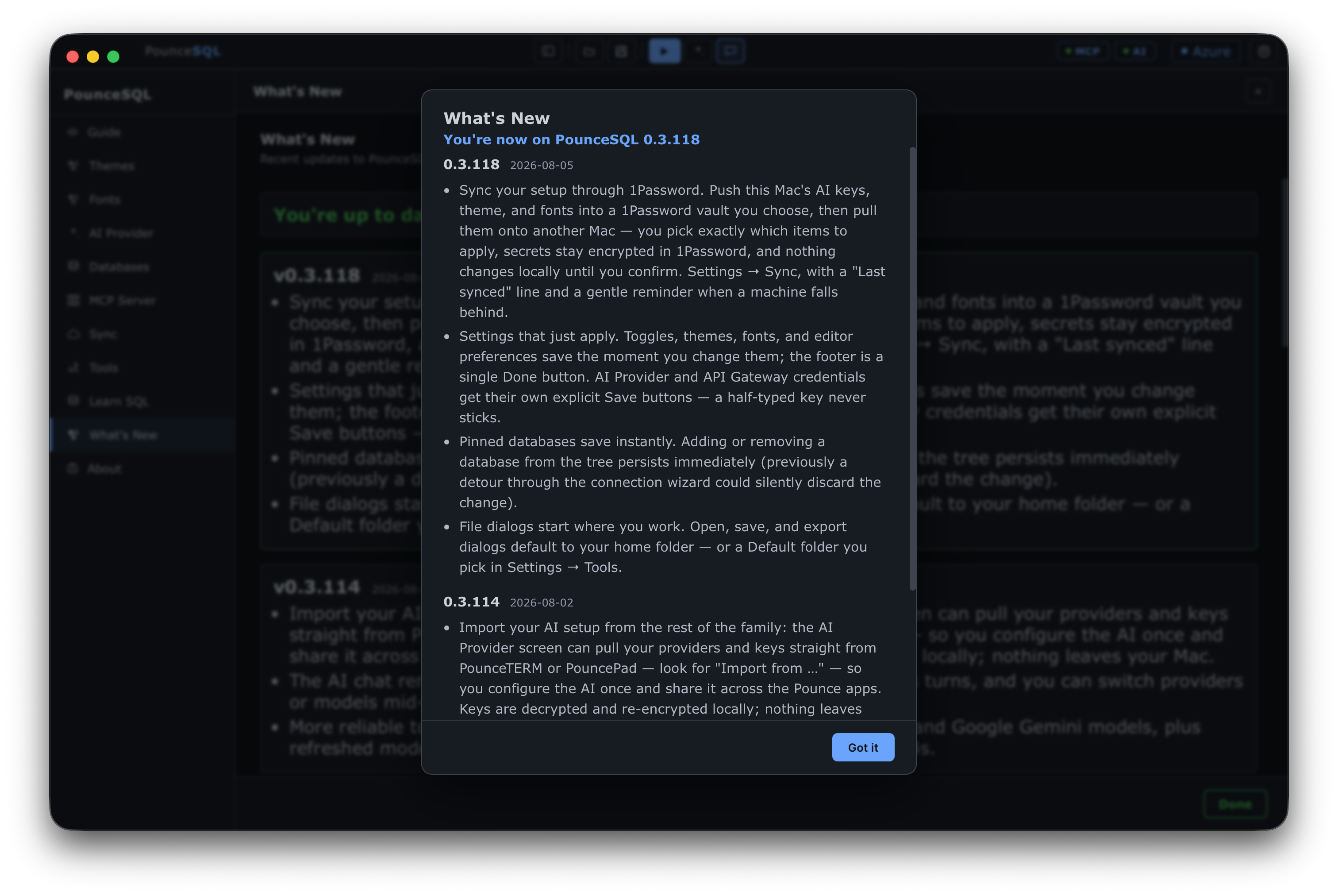 PounceSQL's in-app What's New screen showing an 'up to date' banner and the v0.3.110 release notes.